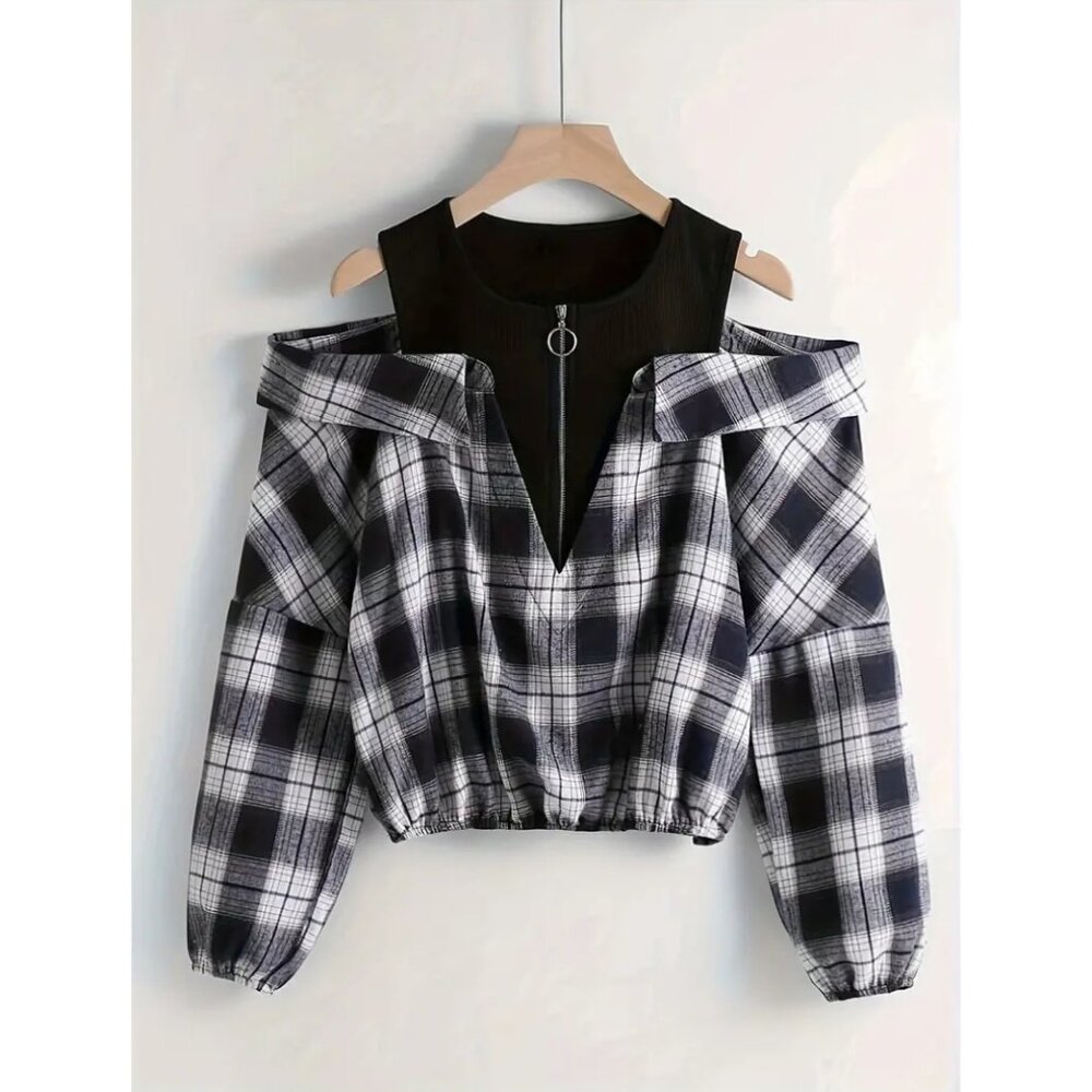 Chic Plaid Cold Shoulder Blouse – Stylish Quarter-Zip Long Sleeve Top